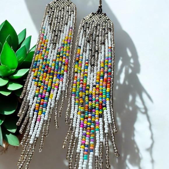EARRINGS- NWT, Handmade Long Beaded Fringe Earrings - Picture 2 of 7